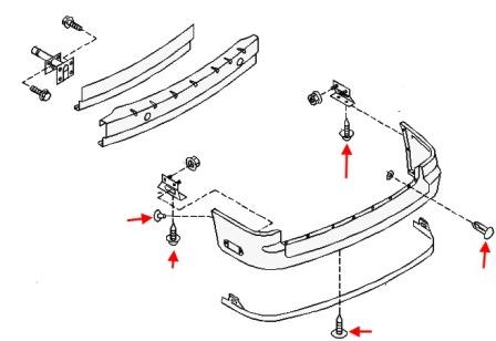 the scheme of fastening of the rear bumper Nissan Quest V40