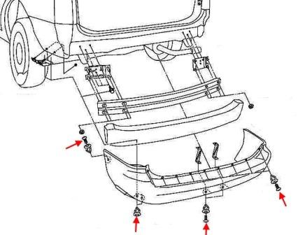 the scheme of fastening of the rear bumper Nissan Quest V41 (1998-2003)