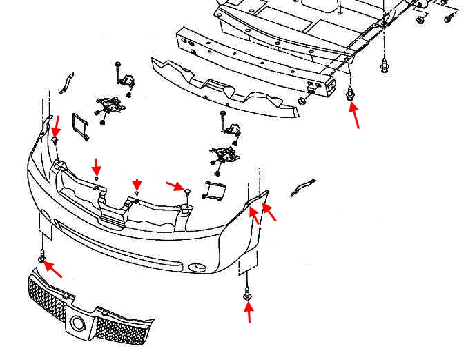 the scheme of fastening of the front bumper Nissan Quest V42 (2003-2009)