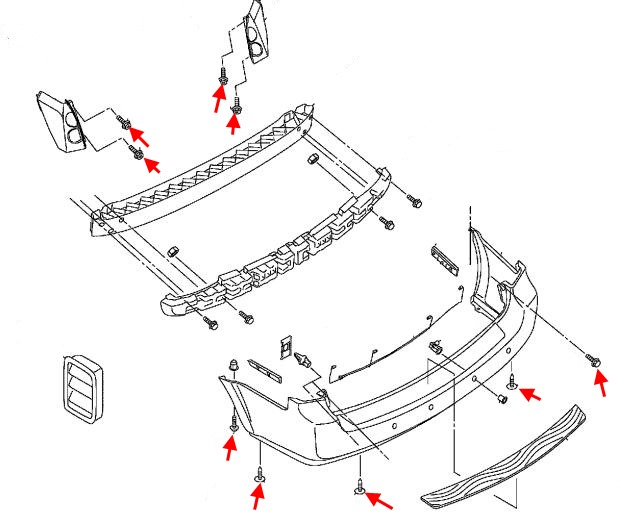 the scheme of fastening of the rear bumper Nissan Quest V42 (2003-2009)