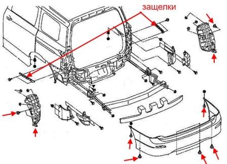 the scheme of fastening of the rear bumper Nissan Quest IV E52 (2010-2018)