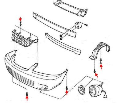 diagrama de montaje del parachoques delantero Nissan Sentra S15 (1998-2005)