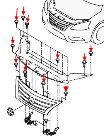 схема крепления решетки радиатора Nissan Sentra B17 (после 2014 года)