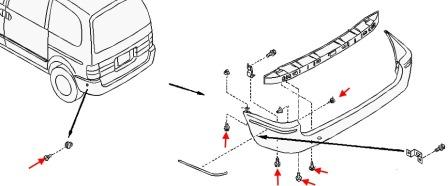 Diagrama de montaje del parachoques trasero del Nissan Serena