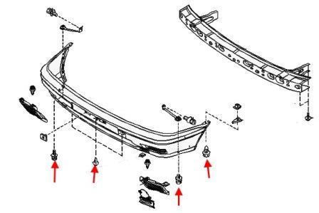 Diagrama de montaje del parachoques delantero del Nissan Sunny N14