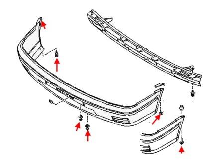 the scheme of fastening of the front bumper of the Nissan Sunny WAGON