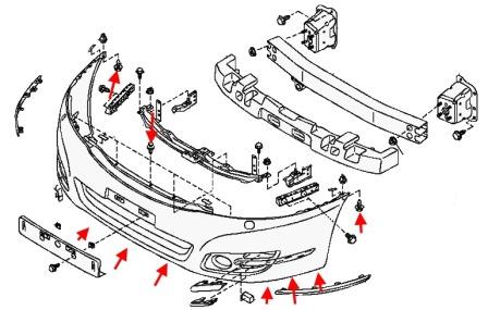 the scheme of fastening of the front bumper Nissan Teana J32 (2008-2013)