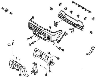 схема крепления переднего бампера Nissan Terrano2 R20 (1993-2006)