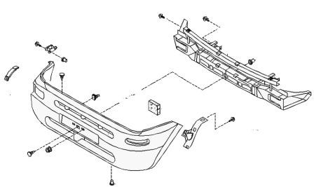 the scheme of fastening of the front bumper Nissan Terrano2 R20 (1993-2006)