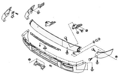 the scheme of fastening of the front bumper Nissan Terrano R50 (1997-2003)