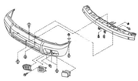 the scheme of fastening of the front bumper Nissan Terrano R50 (1997-2003)