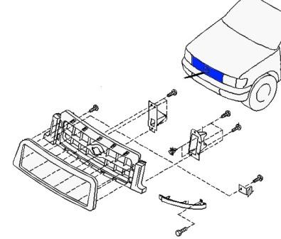 esquema de montaje de la parrilla del radiador Nissan Terrano R50 (1997-2003)