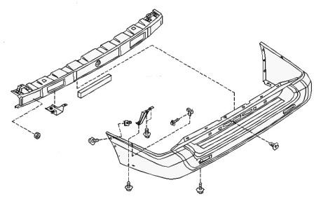 the scheme of fastening of the rear bumper Nissan Terrano R50 (1997-2003)