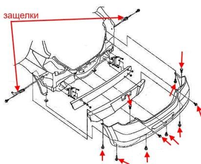 the scheme of fastening of the rear bumper Nissan Tiida C11 (Versa) (2004-2014)