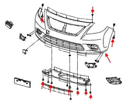 the scheme of fastening of the front bumper Nissan Tiida C12 (2011-2018)