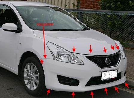 the attachment of the front bumper Nissan Tiida C12 (2011-2018)