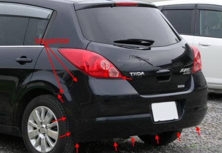 the attachment of the rear bumper Nissan Tiida C12 (2011-2018)