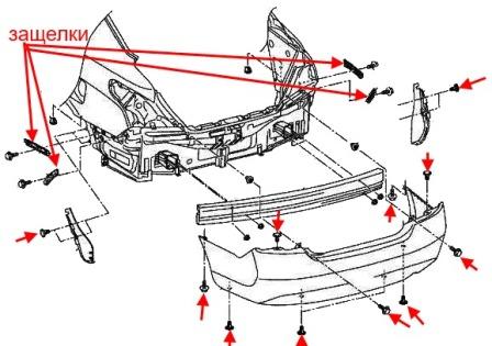 the scheme of fastening of the rear bumper Nissan Tiida C12 (2011-2018)