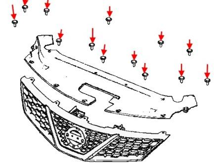 scheme of fastening of the radiator grille Nissan Tiida C13 (after 2015)