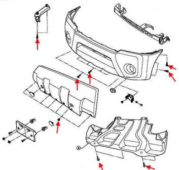 Diagrama de montaje del parachoques delantero del Nissan X-Terra