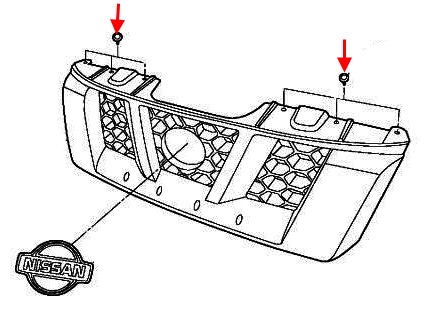 scheme of fastening of the radiator grille of the Nissan X-Terra