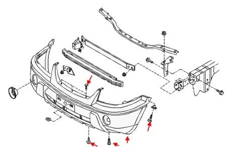 the scheme of fastening of the front bumper Nissan X-Trail T30 (2001-2007)