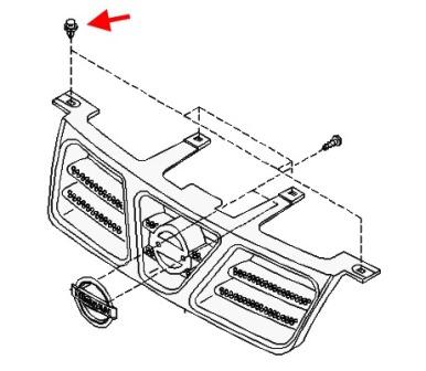 Esquema de montaje de la rejilla del radiador del Nissan X-Trail T30 (2001-2007)