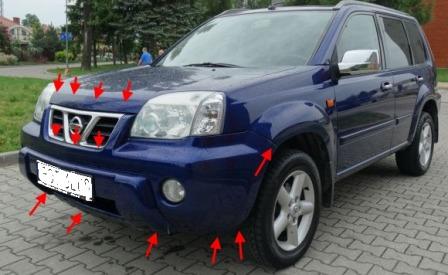 the attachment of the front bumper Nissan X-Trail T30 (2001-2007)