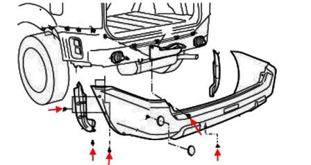 the scheme of fastening of the rear bumper Nissan X-Trail T30 (2001-2007)