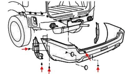 the scheme of fastening of the rear bumper Nissan X-Trail T30 (2001-2007)
