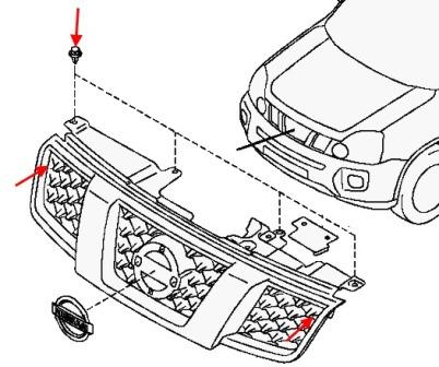 scheme of fastening of the radiator grille of the Nissan X-Trail T31 (after 2007)