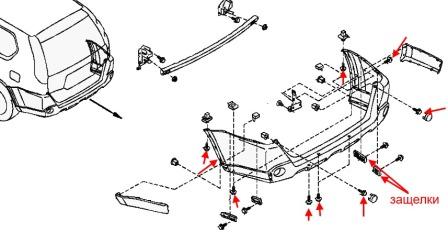 the scheme of fastening of the rear bumper Nissan X-Trail T31 (after 2007)