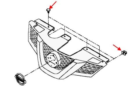 scheme of fastening of the radiator grille of the Nissan X-Trail T32 (after 2014)