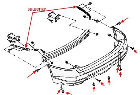 схема крепления заднего бампера Nissan X-Trail T32 (после 2014 года)