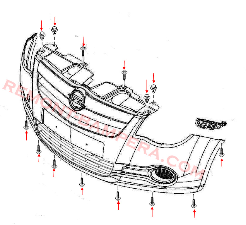 Esquema de montaje del parachoques delantero Opel Agila B (2008–2014)