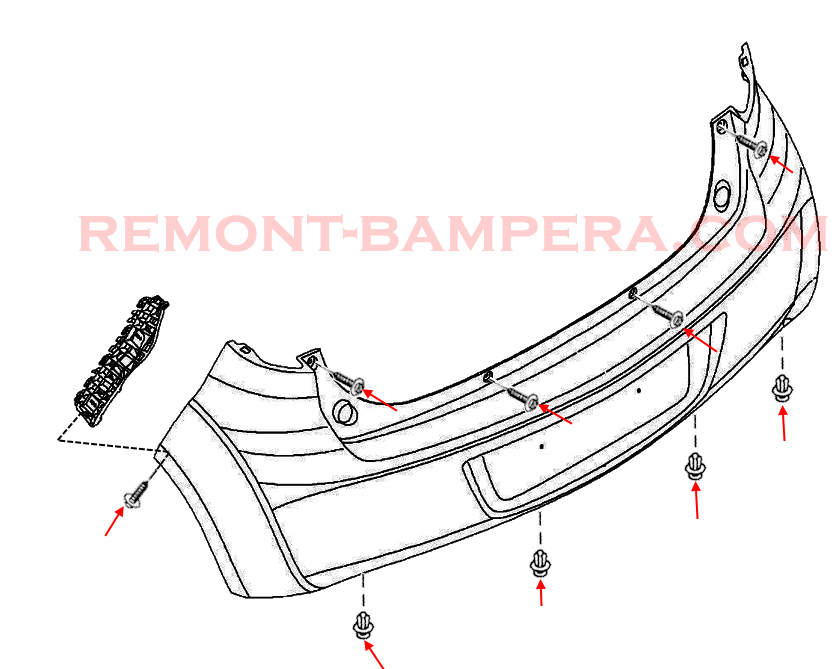 Esquema de montaje del parachoques trasero Opel Agila B (2008–2014)