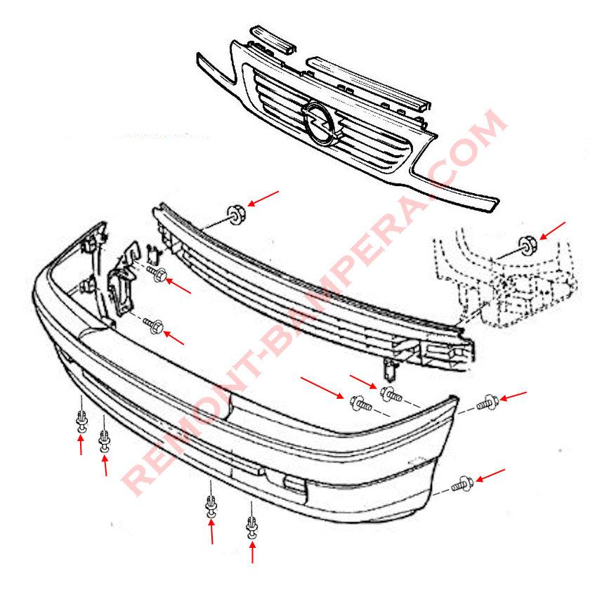 Schéma de montage du pare-chocs avant Opel Astra F (1991–2002)