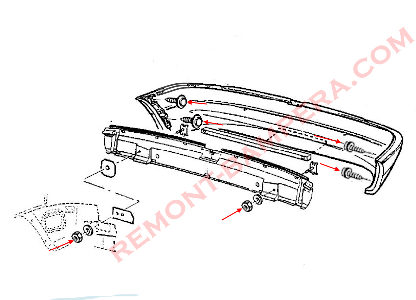 Schéma de montage du pare-chocs arrière Opel Astra F (1991–2002)