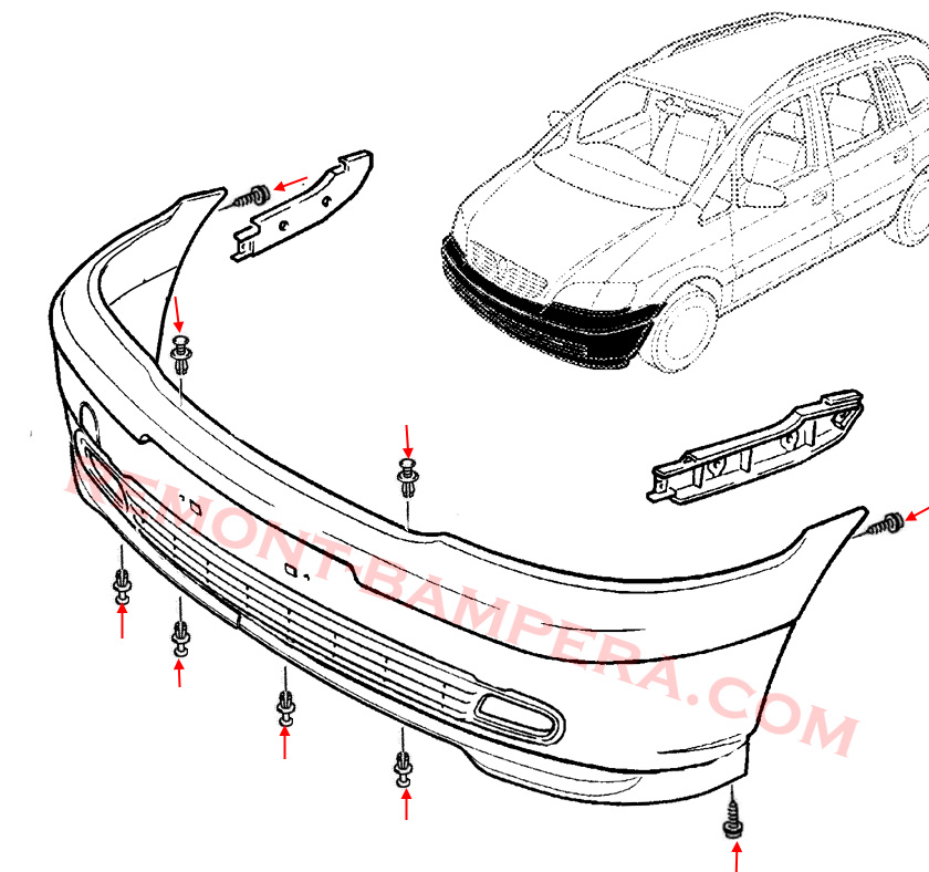 Montageschema für die vordere Stoßstange Opel Astra G (1998–2004)