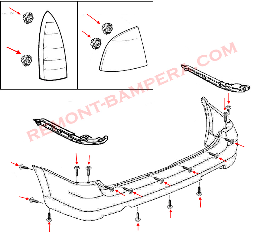 Montageschema für die hintere Stoßstange Opel Astra G (1998–2004)