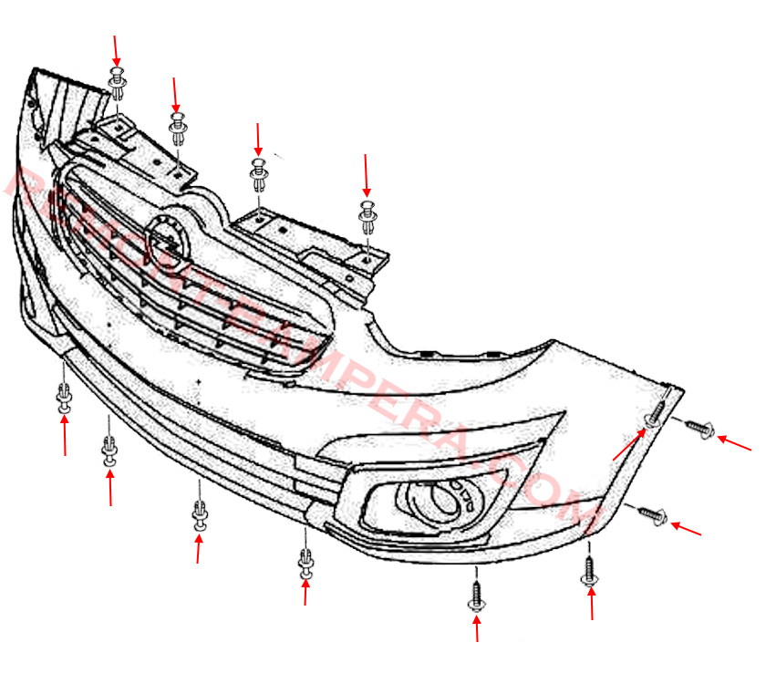 Схема крепления переднего бампера Opel Combo D (2012–2018)