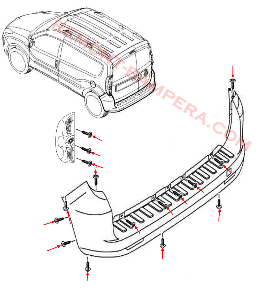 Схема крепления заднего бампера Opel Combo D (2012–2018)