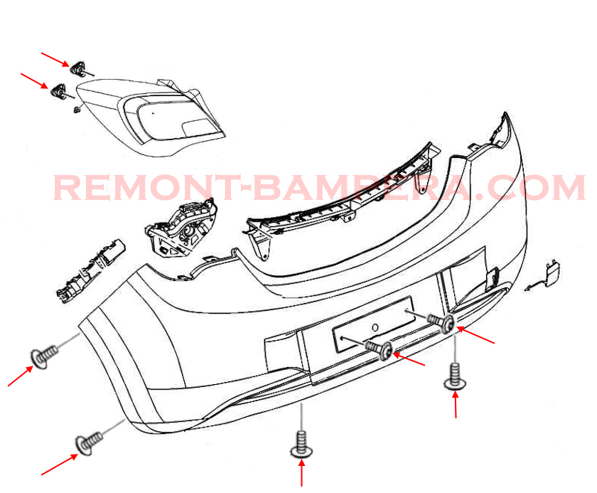 Montageschema für die hintere Stoßstange Opel Corsa E (2014–2019)