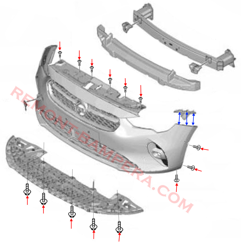 Schema di montaggio del paraurti anteriore Opel Corsa F (2019–2025)