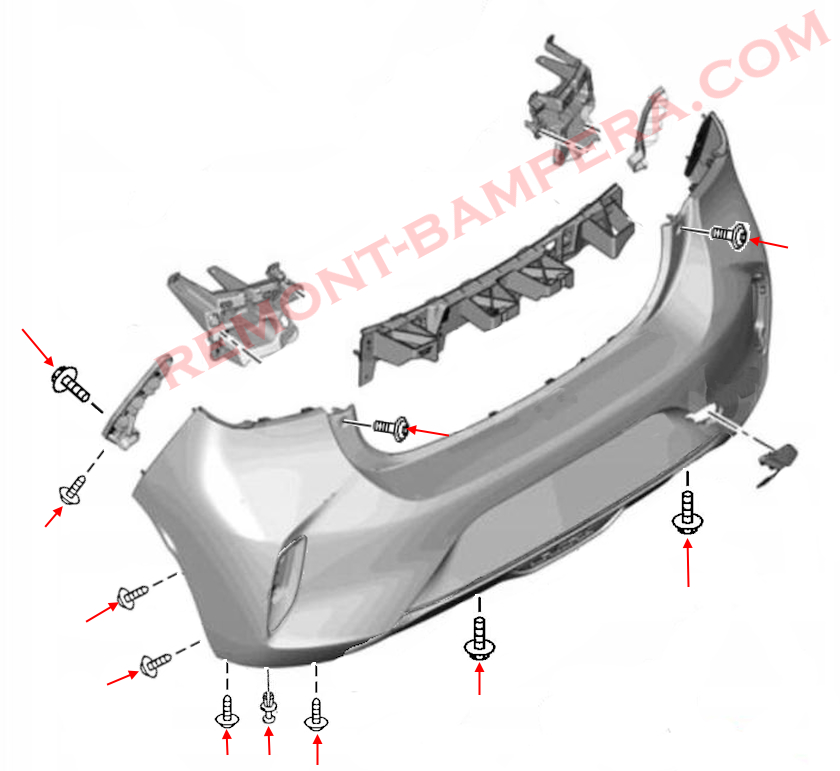 Схема крепления заднего бампера Opel Corsa F (2019–2025) 