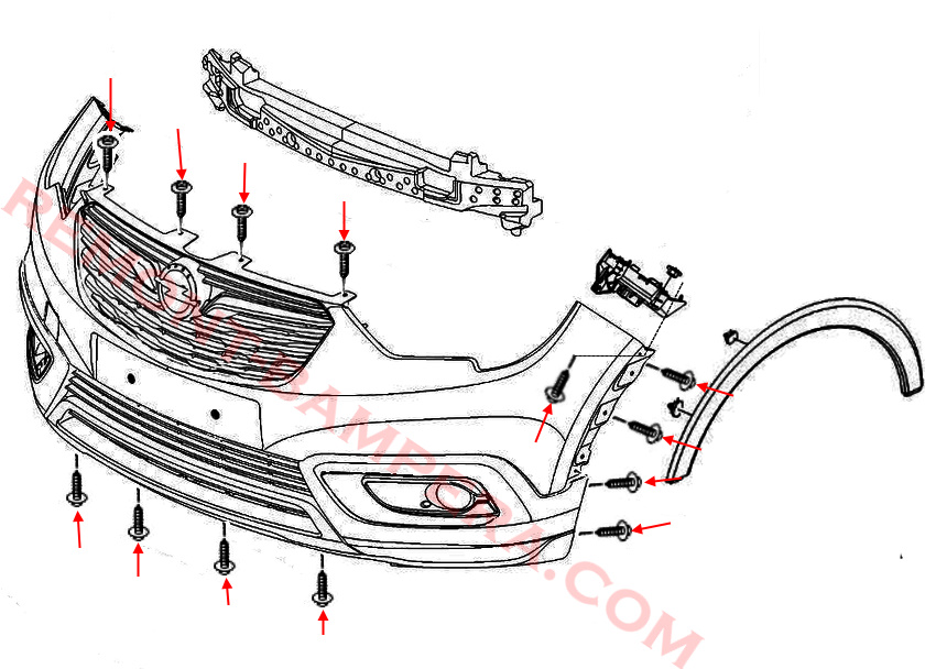 Schema di montaggio del paraurti anteriore Opel Crossland (2017–2024)