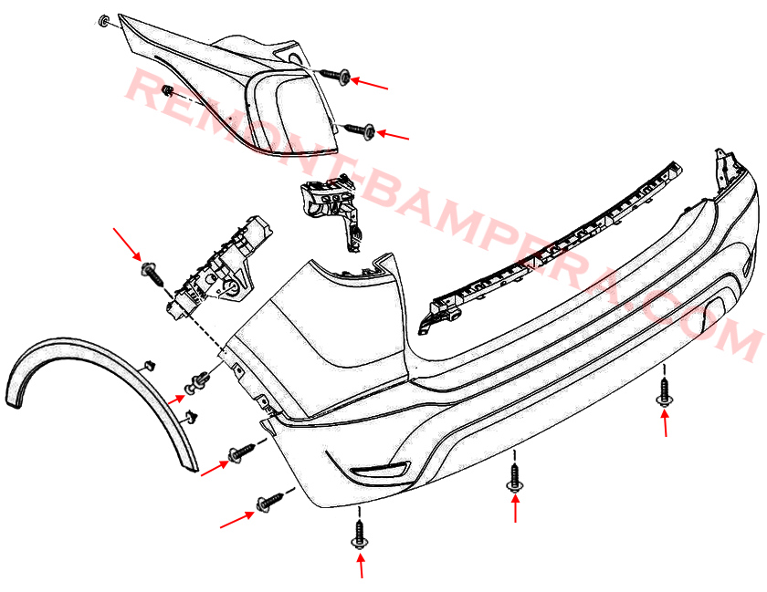 Schema di montaggio del paraurti posteriore Opel Crossland (2017–2024)