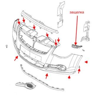 the scheme of fastening of the front bumper Opel AGILA B (after 2008)