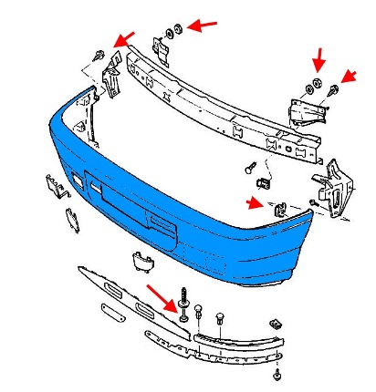 the scheme of fastening of the front bumper Opel Astra F (1992-1998)