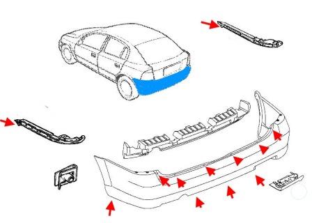 the scheme of fastening of the rear bumper Opel Astra G (1998 - 2009)